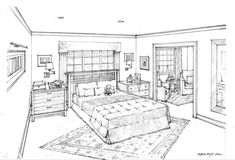 a drawing of a bedroom with a bed, dressers and other furniture in it