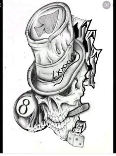 a pencil drawing of a skull and dice