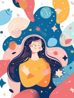 a woman with long hair is hugging her chest and surrounded by stars, planets, and bubbles