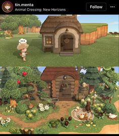 an animal crossing game is shown in two different screens, one with a house and the other with animals