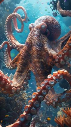 an octopus is swimming in the ocean with other sea creatures around it and under water