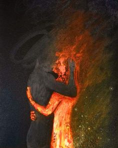 a painting of two people hugging each other in front of a fire and black background