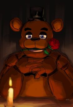 a brown teddy bear sitting next to a lit candle with a red rose in it's mouth