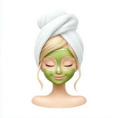 a woman with a towel on her head and a green face mask in front of her