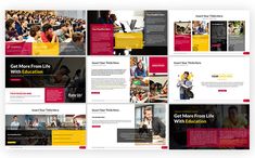 a series of brochures with people in the background and text that reads get more from life, win education