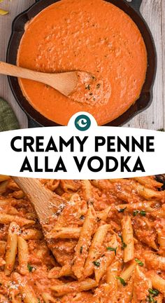 creamy penne alla vodka recipe in a skillet with wooden spoon and text overlay