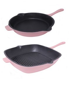 two frying pans sitting side by side on top of each other, one in pink and the other in black