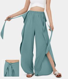 Breezeful™ High Waisted Lace Up Palazzo Flowy Split Wide Leg Quick Dry Casual Pants Wide Leg Casual Pants, Kawaii Swimsuit, Dark Academia Clothing, Cottagecore Fashion, Kawaii Dress, Casual Wide Leg Pants, Long Trousers, Bleach Wash, Fashion 2024