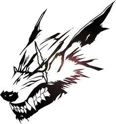 a black and white drawing of a wolf's head with sharp fangs on it