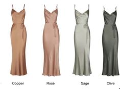 four dresses in different colors and sizes, with the names below them on each one