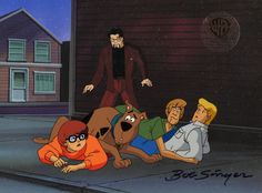 cartoon characters laying on the ground in front of a house with a man standing next to them