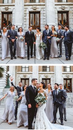 the bride and groom are posing for pictures with their wedding party in front of an old building