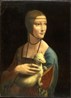 a painting of a woman holding a small dog in her arms and looking at the camera