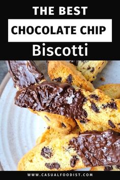 chocolate chip biscotti on a plate with text overlay