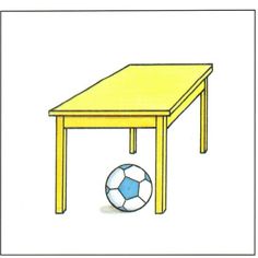 a table with a soccer ball underneath it