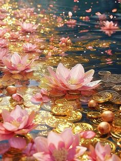 pink flowers floating on top of water surrounded by gold coins