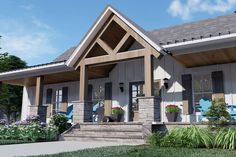 this is a computer rendering of a small house with porches and flowers in the front yard