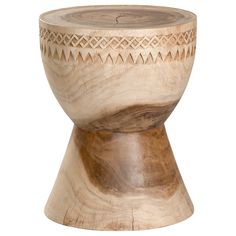 a wooden stool with an intricate design on it