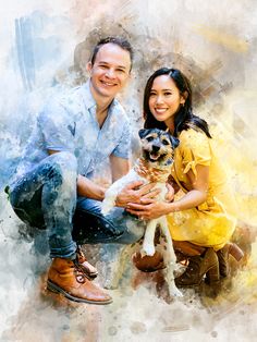 a man and woman pose for a photo while holding a small dog in their hands