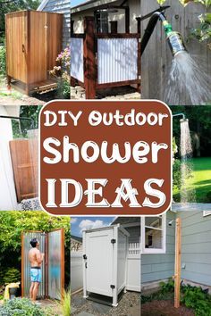 a collage of photos with the words diy outdoor shower ideas