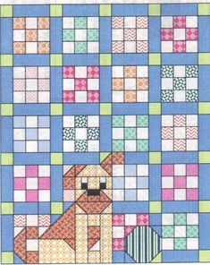 a cross stitch pattern with a dog on it's face and squares in the background