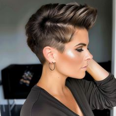 Pixie with Slicked Side and Voluminous Top Pixie Haircut Long Sideburns, Undercut Side Blow Haircut, Deep Side Part Pixie, Pixie One Side Shaved, Assymetrical Pixie Shaved Side, Thick Hair Pixie Cut