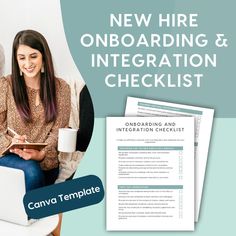 a woman sitting on a chair next to a laptop with the text, new hire onboarding and information checklist