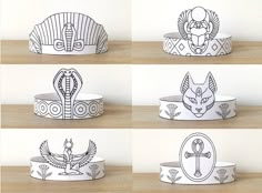 four different types of paper crowns with designs on the front and back, all in black and white