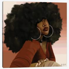 an illustration of a woman with large afros and hoop earrings on her head, looking to the side