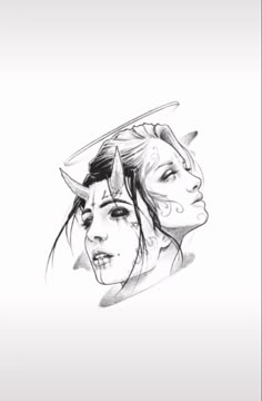 a drawing of two women with horns on their heads