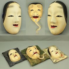 three masks with different facial expressions on them, including one woman's face and the other man's head