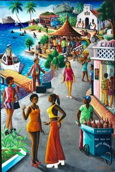 a painting of some people on the beach