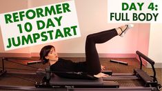 a woman laying on top of an exercise machine with a sign above her reading, performr 10 day jumpstart