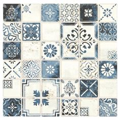 blue and white tiles with different designs on them