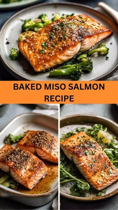 baked miso salmon recipe with broccoli and asparagus on the side