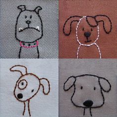 four different pictures of dogs with their faces drawn on the same piece of cloths