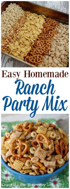 an easy homemade ranch party mix recipe with pretzels and cheesy crackers