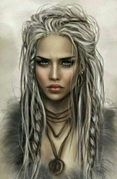 a drawing of a woman with long white hair and braids on her head, wearing jewelry