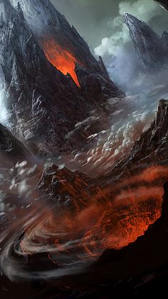 an artistic scene with mountains and lava in the background