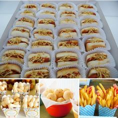 there are many different food items in this collage, including hot dogs and french fries