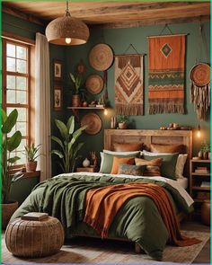 a bed room with a neatly made bed and lots of decorations on the wall above it