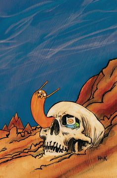 a drawing of a skull with a snail on it's head in the desert