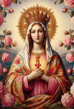 the immaculate mary with roses around her and an ornate crown on her head, surrounded by pink roses