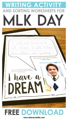 a book with the title writing activity and sowing worksheets for mlk day