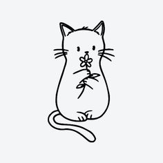 a black and white drawing of a cat with a flower in it's mouth