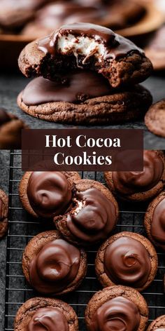 chocolate covered cookies on a cooling rack with the words hot cocoa cookies in front of them