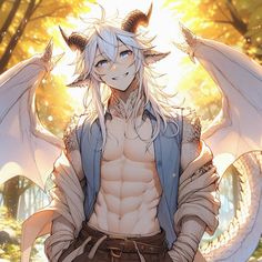 an anime character with white hair and horns, standing in front of a dragon like creature