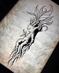 an ink drawing of a tree with roots on it's back and leaves coming out of its trunk