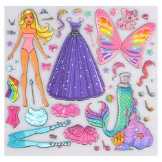 the paper doll is surrounded by various items such as dresses, shoes and hair accessories