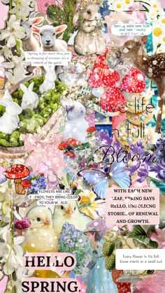 a collage of pictures with flowers, animals and words that say hel lo spring